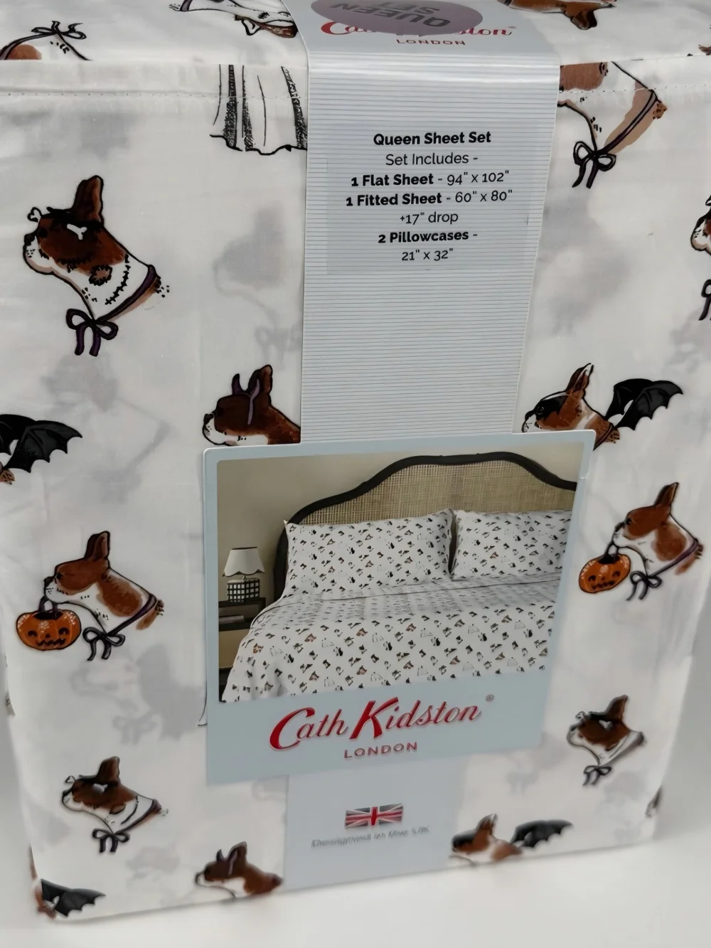 Cath Kidston Cream Queen Sheet Set with Brown and Black Halloween Dog Motif